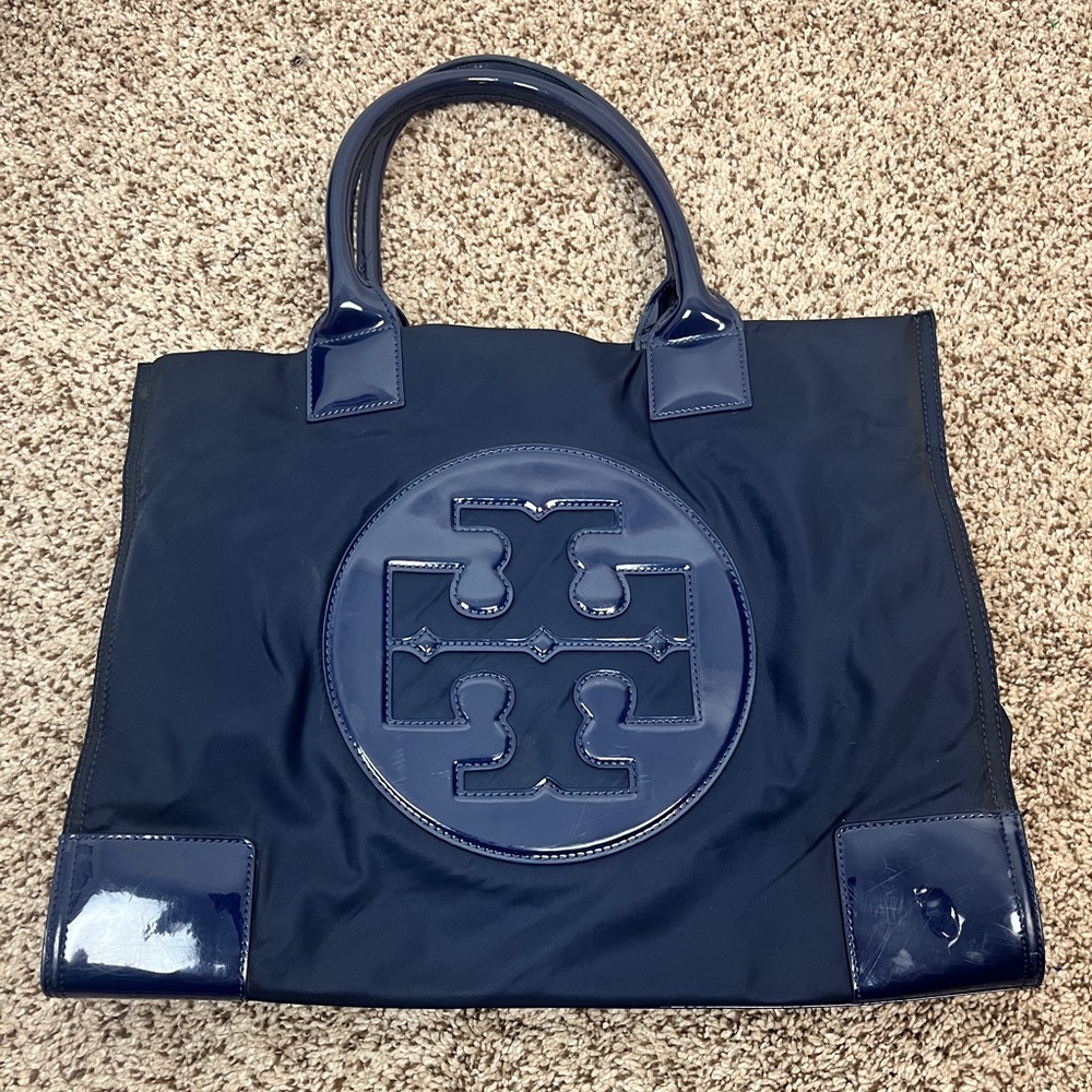 Tory Burch Leather-Trimmed Navy Ella Large Tote Bag
